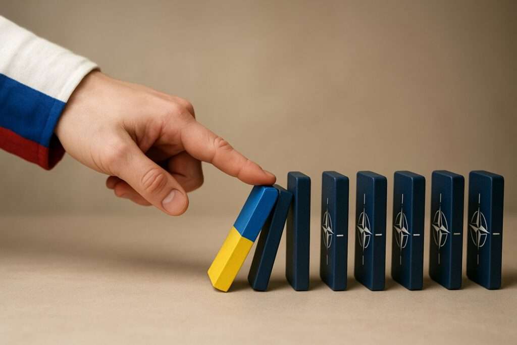 KI-generiertes Bild, Dominosteine mit ukrainischen Flaggen und NATO-Symbol, Quelle: ChatGPT.
