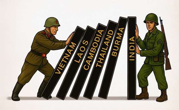 KI-generiertes Bild, Soldaten werfen Dominosteine mit Aufschriften wie Vietnam oder Laos um, Quelle: ChatGPT.