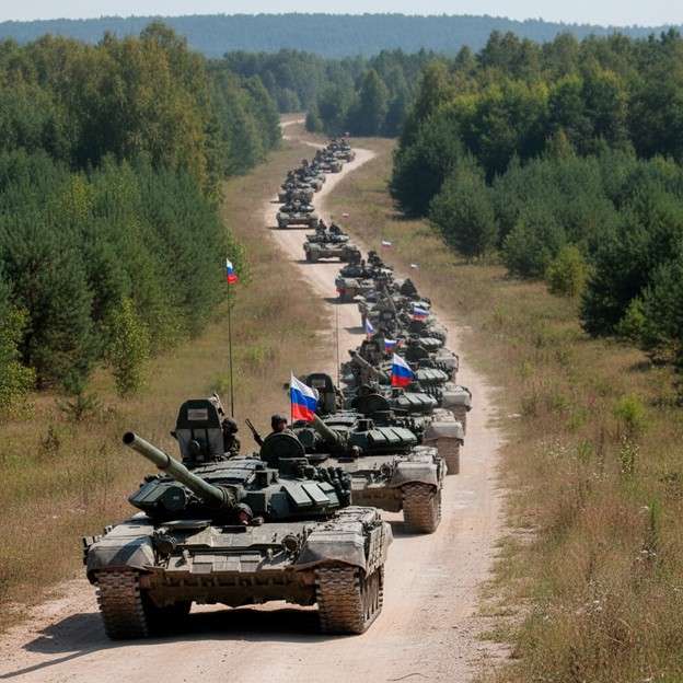KI-generiertes Bild, Russische Panzer auf dem Weg an die Front, Quelle: ChatGPT.