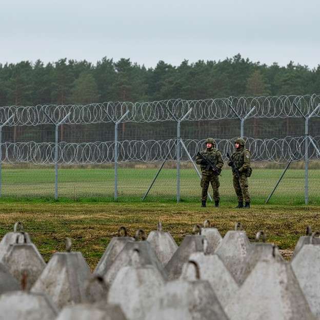 KI-generiertes Bild, Soldaten patrouillieren an einem Stacheldrahtzaun an der Grenze, Quelle: ChatGPT.